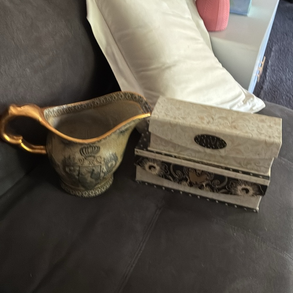 Gold, Gray and Dark Blue Decorative Pitcher & 2 storage decorative  Boxes EUC